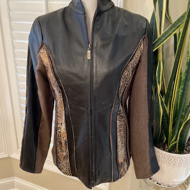 Koos of Course Leather Moto Jacket Wild Animal Pattern Women Sm Zip Up Brown