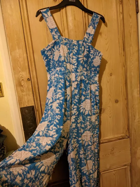 MONSOON SIZE M 12 Hand Block Printed Blue Floral Jumpsuit Trousers