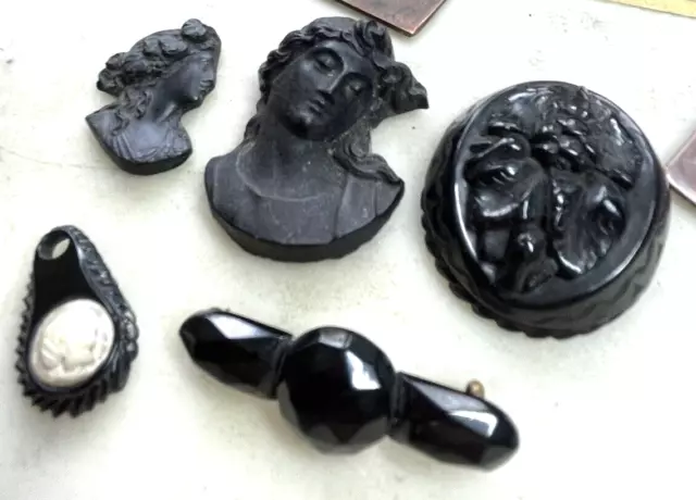 Antique Victorian Carved Jet Pieces & Black Glass For Parts Or Repair 1880S