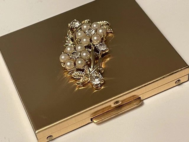 Vintage Estate Gold Tone Faux Pearl Rhinestone Embellished Compact Makeup Mirror