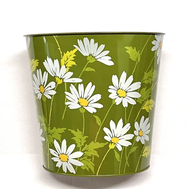 VTG JV Reed & Co Metal Trash Can 9” tall Green White Daisies Made In USA MCM Tin