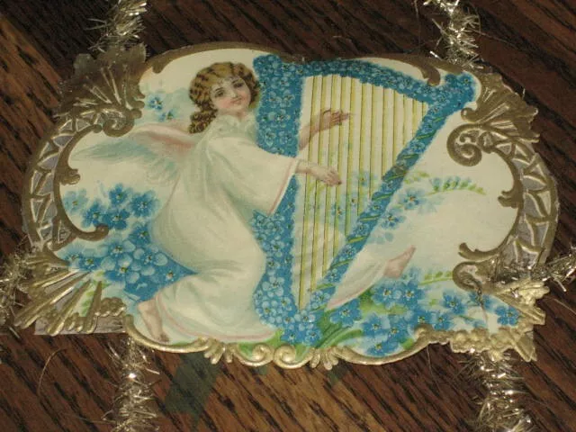 Embossed German CHRISTMAS Die Cut Scrap Art Ornament Tinsel  Blue Angel Harp