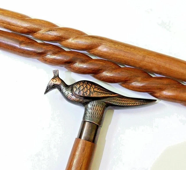 Vintage Brass Peacock Wooden Cane Walking Shaft Stick Spiral Handmade Style Gift