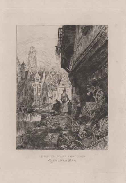 Estampe Originale De 1894 Par Albert Robida - Le Bibliothécaire Hypnotiseur