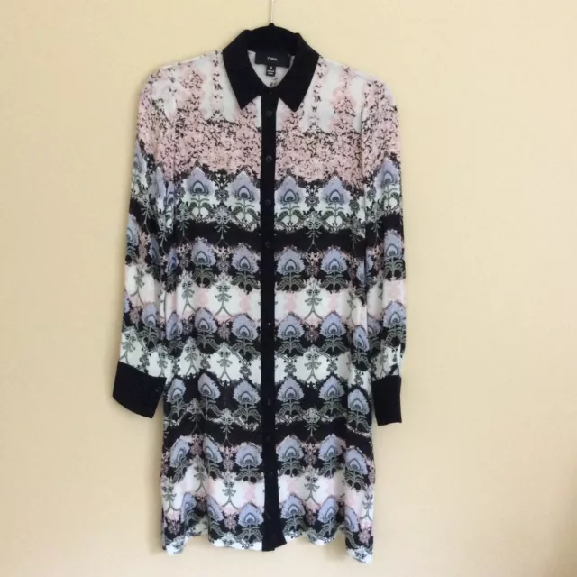 Yyigal Floral Printed Shirt Dress Button Front Long Sleeve Black Trim Size S
