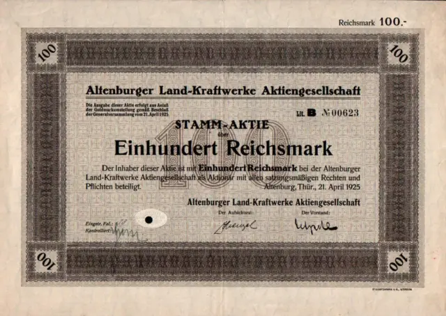 Altenburger Land-Kraftwerke Aktiengesellschaft 1925 100 RM
