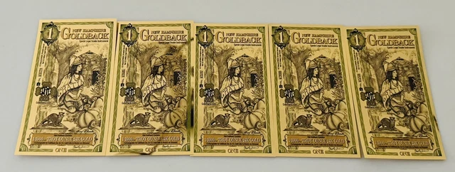 Lot Of 5 - 1 New Hampshire Goldback Gold Foil Note 1/1000 oz 24KT 999 Gold 2023