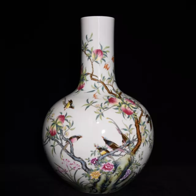 14.8"Antique dynasty Porcelain qianlong mark famille rose flower bird Peach vase