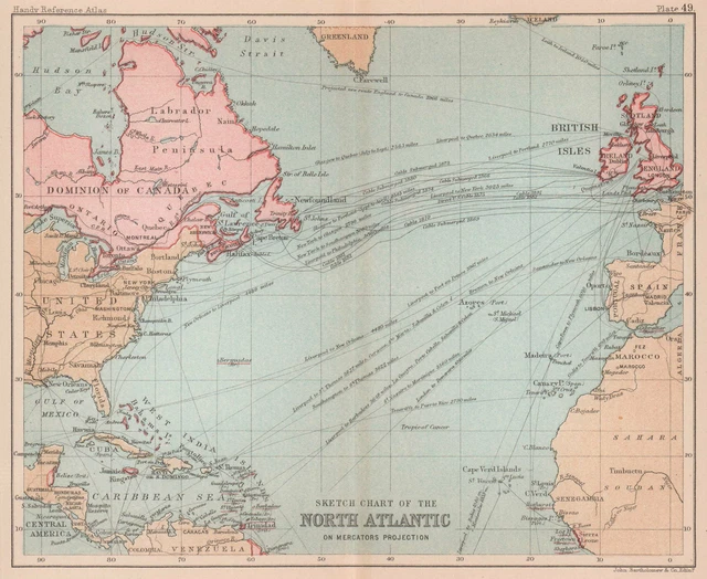 Chart of the North Atlantic. Shipping routes. Telegraphs. BARTHOLOMEW 1893 map