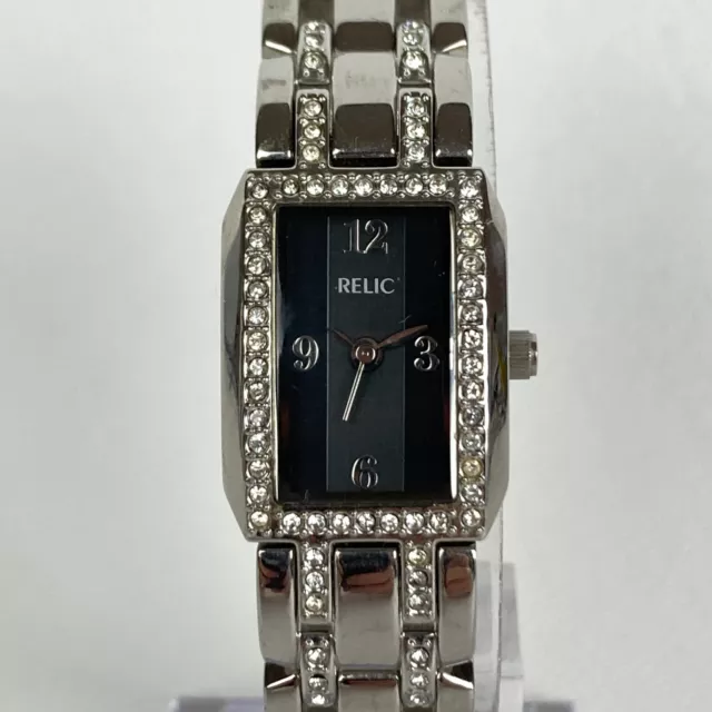 Relic Watch Women Silver Tone Tank Pave Bezel Band Black Dial New Battery 6"