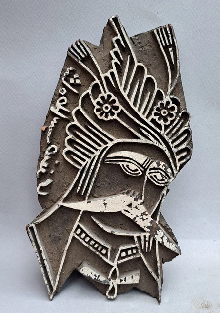 Superbe Ancien Batik Inde / Indonesie A Decor D'homme Portant Une Coiffe A Plume