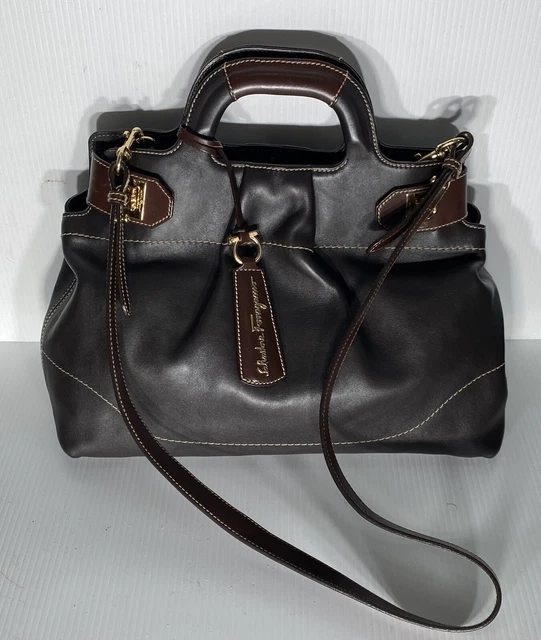 NWOT Salvatore Ferragamo Gancini Brown Black Leather Handle Crossbody Purse