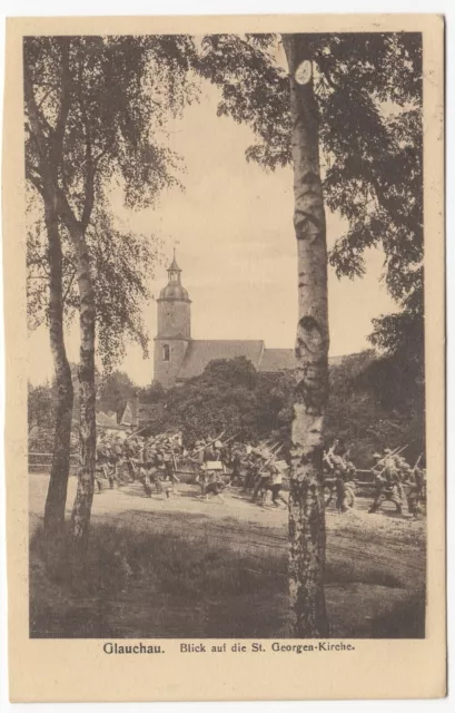 AK Glauchau Lk Zwickau Blick auf die St. Georgen-Kirche mit Soldaten 1920