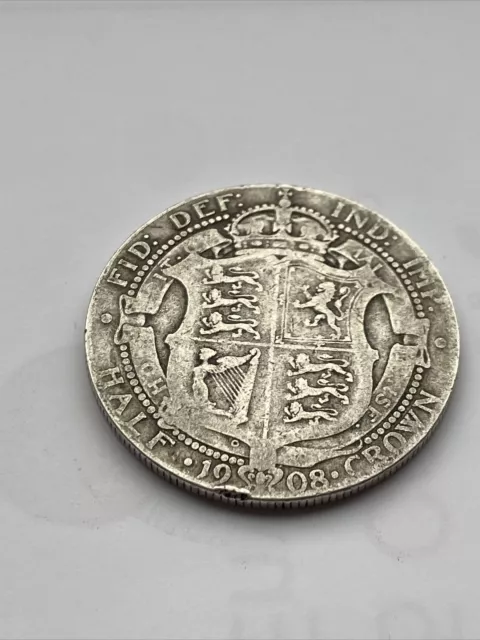1908 GEORGE V SILVER HALF CROWN .925 Sterling Silver (F GRADE) Fine Detail Rare