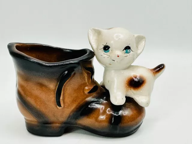 Vintage Enesco Ceramic Kitten Cat Shoe Boot Toothpick Holder / Succulent Planter