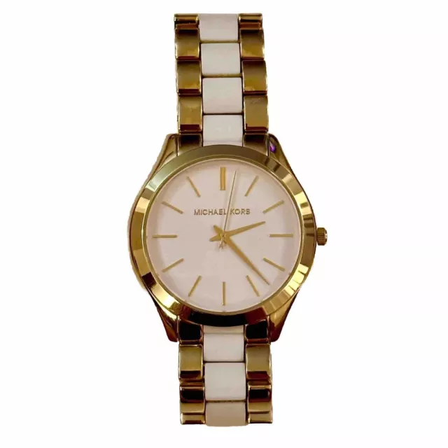 MK4295 Gold Michael Kors Women’s Slim Runway White Acetate Tone Watch · Working!