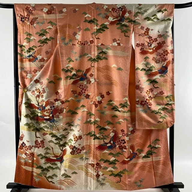 Japanese Kimono Furisode Pure Silk Crane Gold Thread Gold Paint Pink Color