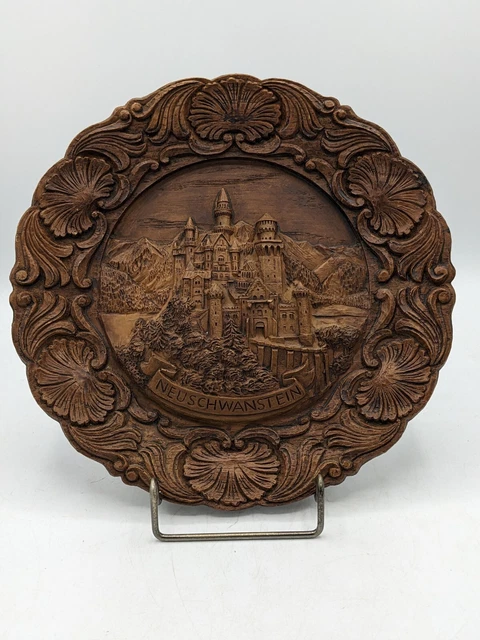 Vintage German NEUSCHWANSTEIN 3-D Hand Carved Wooden Souvenir Wall Plaque Plate