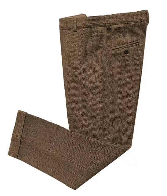 Brown Mens Pants Vintage Trouser Retro Thick Herringbone Adjustable Groom 28-42+