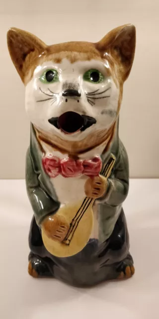 Antique 1880s Majolica Singing Cat w Mandolin Large 9.5" Pitcher Orchies France
