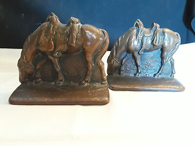 Old Vtg Collectible Cast Iron Bronze Colored Grazing Horse And Saddle Bookends