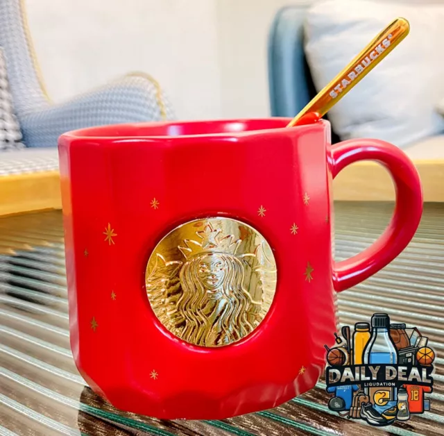 Starbucks Holiday Christmas Coffee Mug Cup 11 Oz - Bronze Logo & Spoon