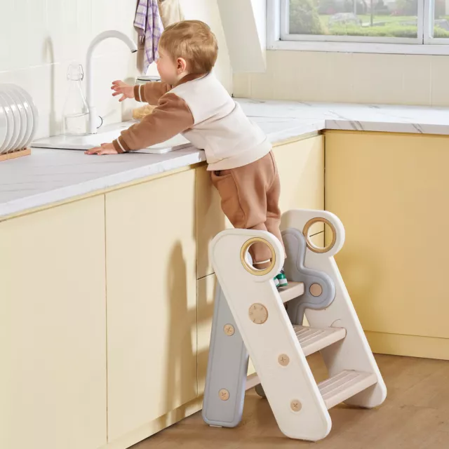 VEVOR Taburete con Escalón para Niños Plegable Ajustable de 3 a 2 Escalones Gris