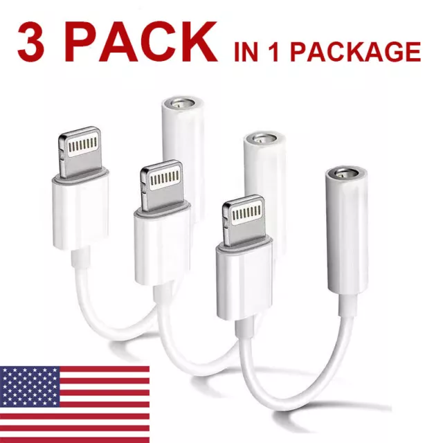 3 PACK For iPhone Headphone Adapter Jack 8Pin to 3.5mm Aux Cord Dongle Converter