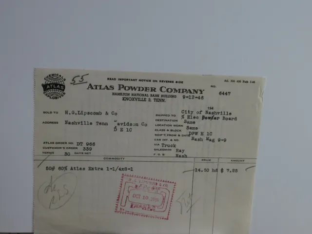 Knoxville, TN Atlas Powder Company Explosives Vintage Invoice 1946