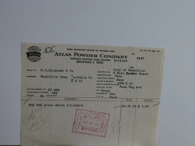 Knoxville, TN Atlas Powder Company Explosives Vintage Invoice 1946