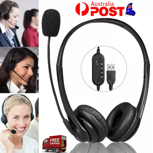USB Wired Headset Stereo Headphone Noise Cancelling With Microphone For PC AU