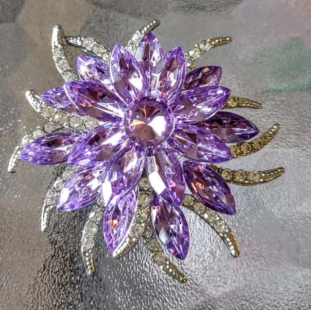 Purple Crystal Petal Flower Brooch Scarf Lapel Pin ART DECO Large 2.25” Wow