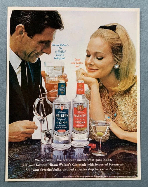 Hiram Walker's Gin & Vodka 1966 vintage Print Ad 10 x 13"- dress up man & woman