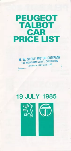 Car Price List Brochure - Peugeot Talbot Range - July 1985