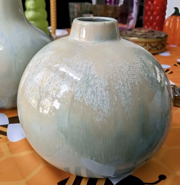 Vtg MCM Style Art Pottery Ceramic Drip Glaze Globe Vase Mint Green Blue Deco