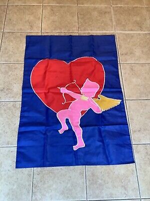 Valentines Day Large Yard Flag Cobalt Blue with Red Heart Pink Cupid Bow & Arrow