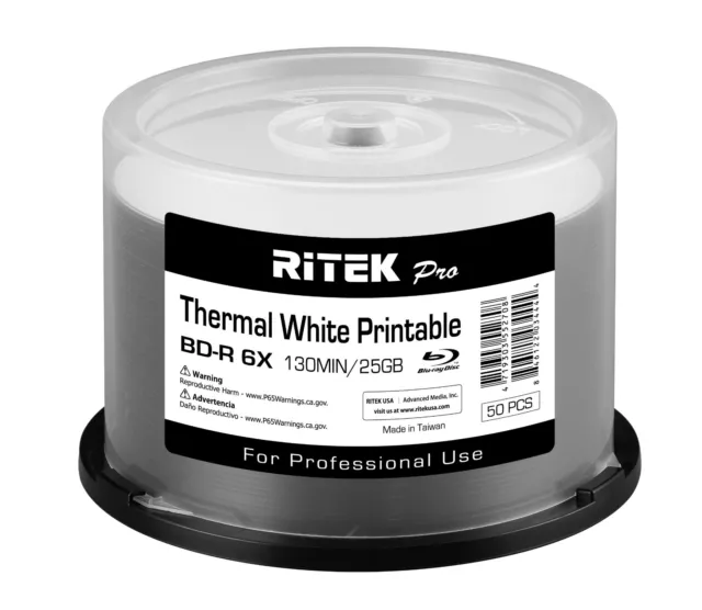 50 Pack Ritek Pro BD-R Blu-ray 6X 25GB White Thermal Hub Printable Blank Disc
