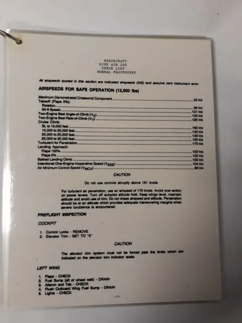 Beechcraft King Air 200 Check List (8X 10 Ring- Laminated) Copy