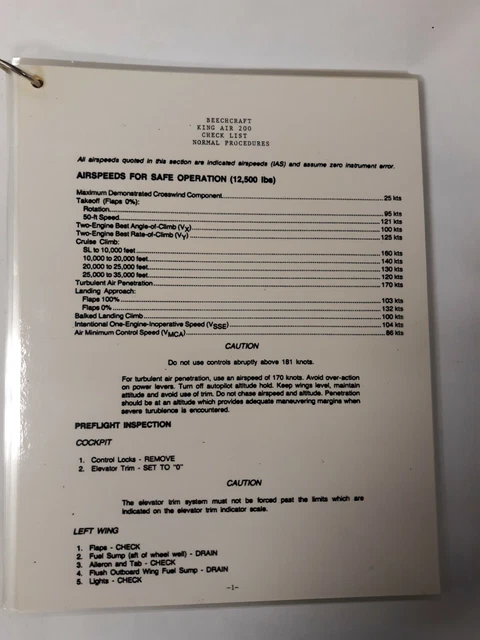 Beechcraft King Air 200 Check List (8X 10 Ring- Laminated) Copy Beechcraft King Air 200 Check List (8X 10 Ring- Laminated) Copy