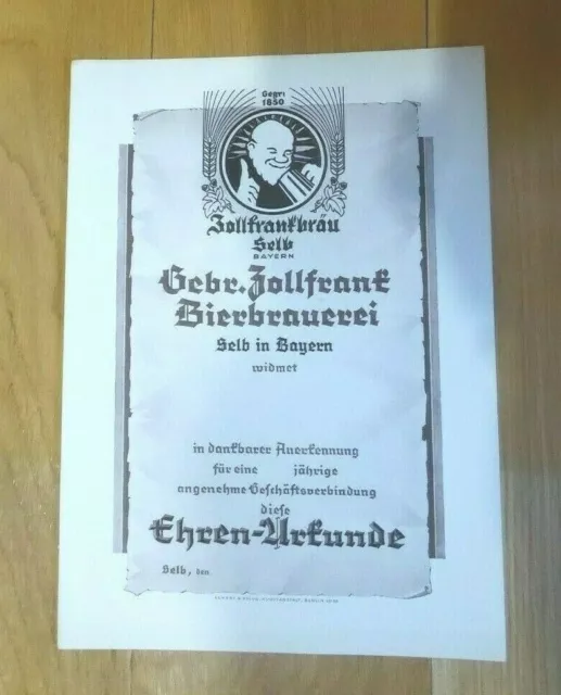 Ehren Urkunde "Gebr. Zollfrank Bierbrauerei Selb in Bayern" Selten