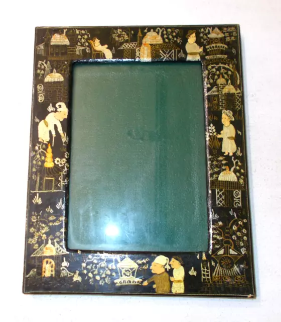 Vintage Antique Handpainted Black Lacquer Enamel Chinoiserie Wood Picture Frame
