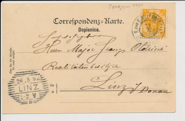 BOSNIA 1898 2kr KARTE, SARAJEVO nach LINZ.