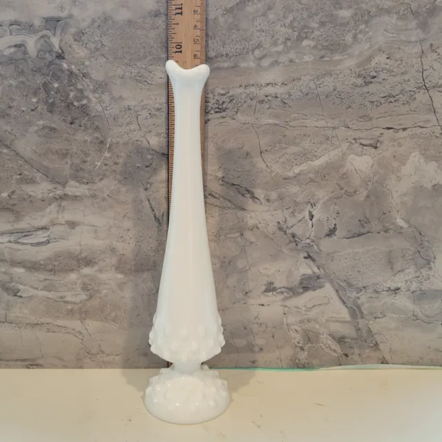 Vintage Fenton Swung Stretch Pedestal Hobnail White Milk Glass Bud Vase 9"
