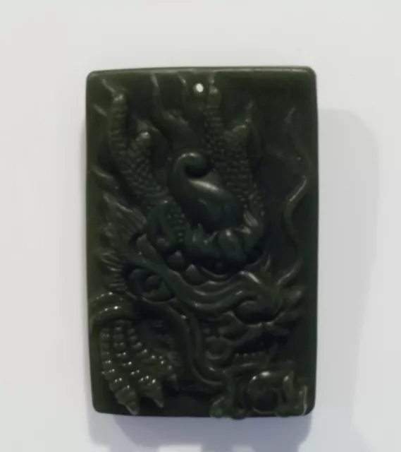 Chinese Finely Carved Green Jade Dragons Head Pendant / Plaque 2