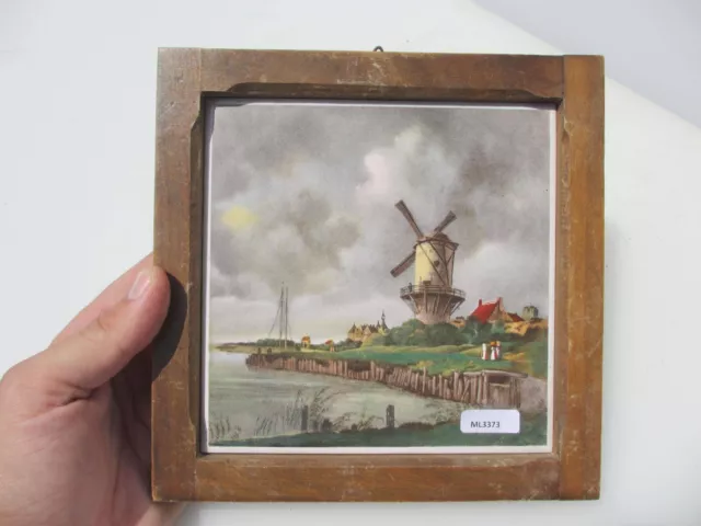 Vintage Ceramic Tile Dutch River Windmill Countryside Scene Castle Boat Farm Old