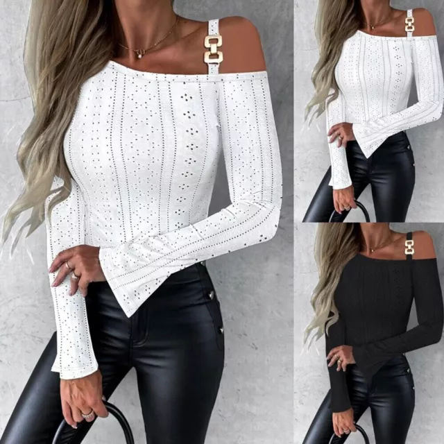 Women Sexy One Shoulder T-Shirt Tops Ladies Long Sleeve Hollow Pullover Blouse