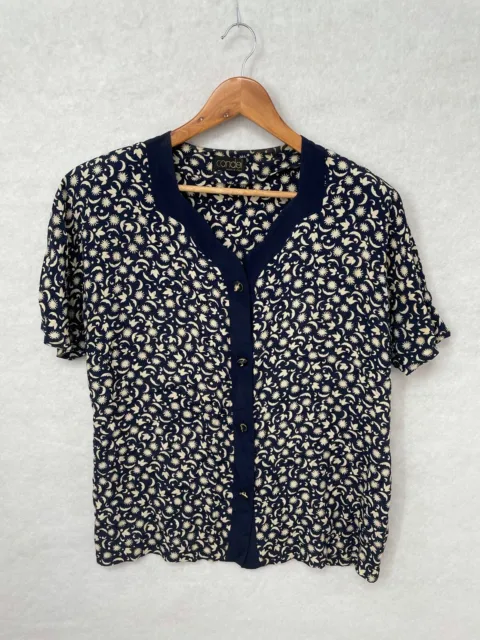 Camicia vintage da donna blu navy luna e stelle design taglia large
