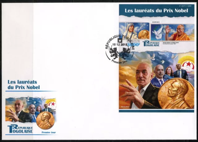 Central Africa 2016 Nobel Preis Gewinner Teresa, Dalai Lama, Ben Moussa FDC