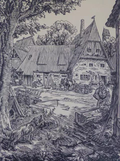 Hans Jörg Schuster Holzschnitt Landschaft mit Gehöft Bauernhaus (837)