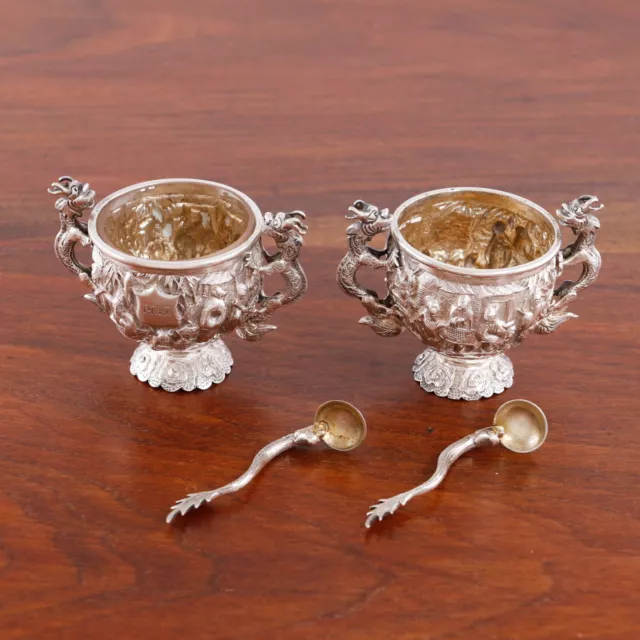 2 Jun / Zeon Ming Chinese Export Sterling Silver Salt Cellars W/ Spoons Dragons